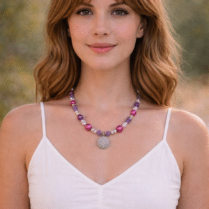 שרשרת חרוזי זכוכית מורנו סגולות ואבני חן אמטיסט  N1845