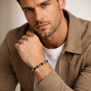 צמיד חרוזי שוהם שחורות, חרוזי נירוסטה, שייבות שחורות ואומים  B 2179