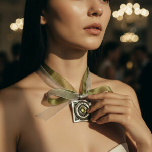 שרשרת סרטי סאטן ירוק ותיליון מרובע עם קריסטל סברובסקי צהוב N 2295