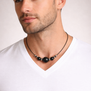 שרשרת חרוזים שחורים וכסף על רצועת עור שחורה 4512 N